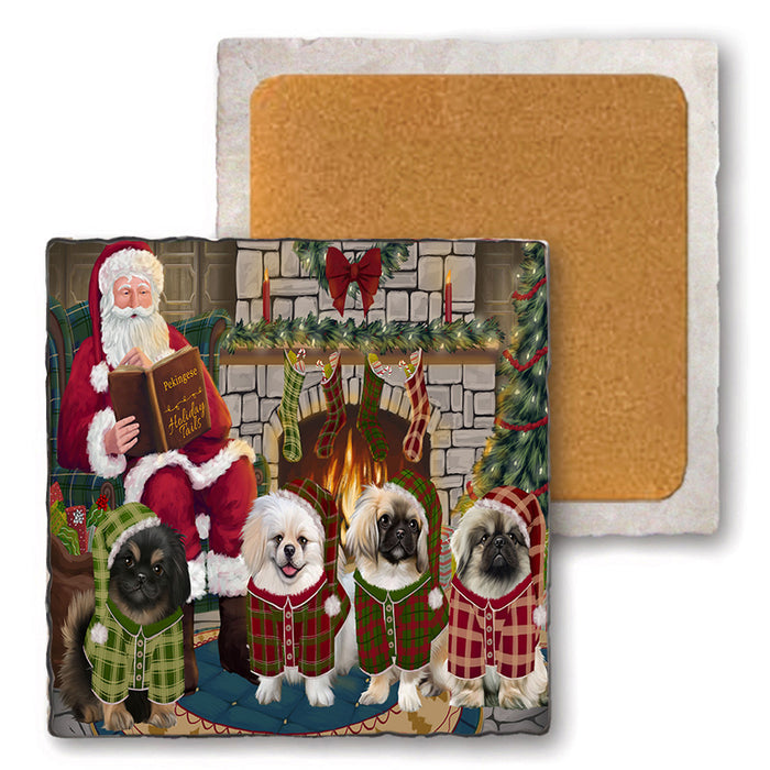 Christmas Cozy Holiday Tails Pekingeses Dog Set of 4 Natural Stone Marble Tile Coasters MCST50373