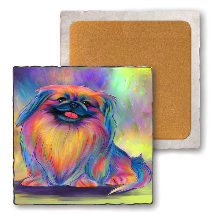 Paradise Wave Pekingese Dog Set of 4 Natural Stone Marble Tile Coasters MCST51723