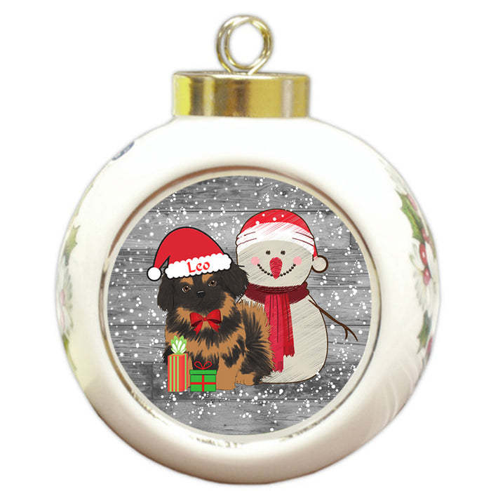 Custom Personalized Snowy Snowman and Pekingese Dog Christmas Round Ball Ornament