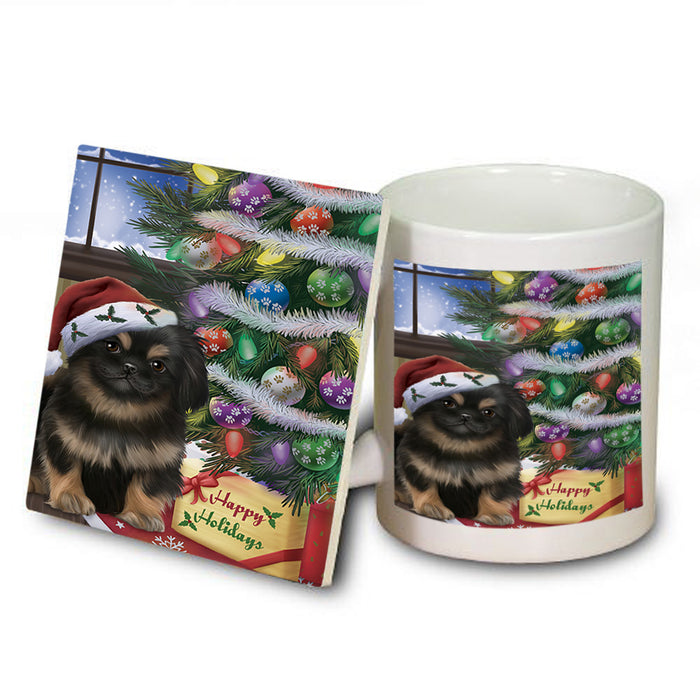 Christmas Happy Holidays Pekingese Dog with Tree and Presents Mug and Coaster Set MUC53834