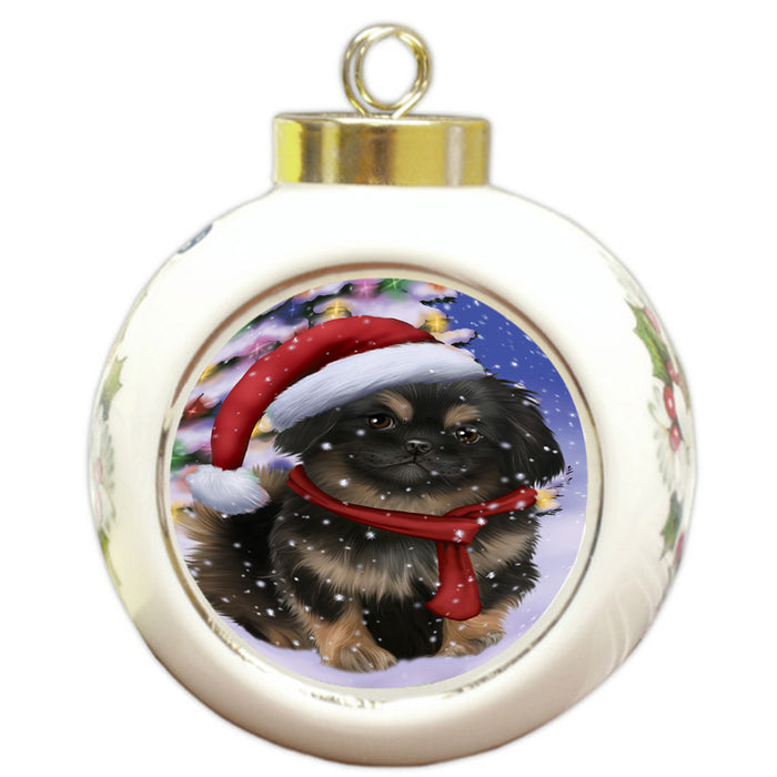 Winterland Wonderland Pekingese Dog In Christmas Holiday Scenic Background  Round Ball Christmas Ornament RBPOR53403