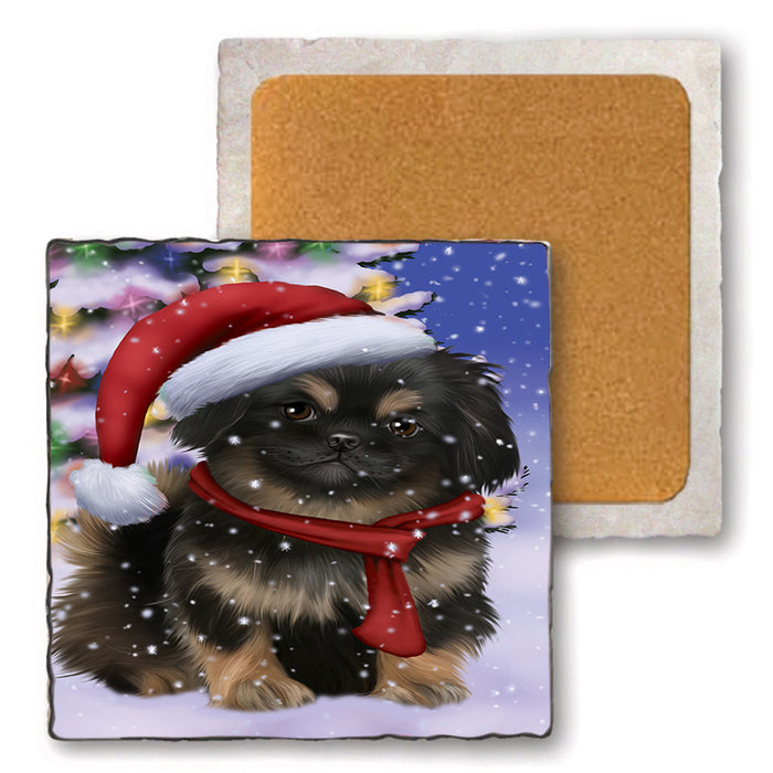 Winterland Wonderland Pekingese Dog In Christmas Holiday Scenic Background  Set of 4 Natural Stone Marble Tile Coasters MCST48403