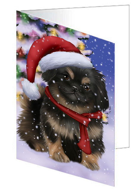 Winterland Wonderland Pekingese Dog In Christmas Holiday Scenic Background  Handmade Artwork Assorted Pets Greeting Cards and Note Cards with Envelopes for All Occasions and Holiday Seasons GCD64238