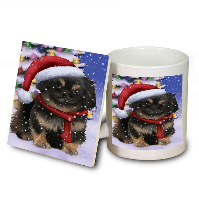 Winterland Wonderland Pekingese Dog In Christmas Holiday Scenic Background  Mug and Coaster Set MUC53395