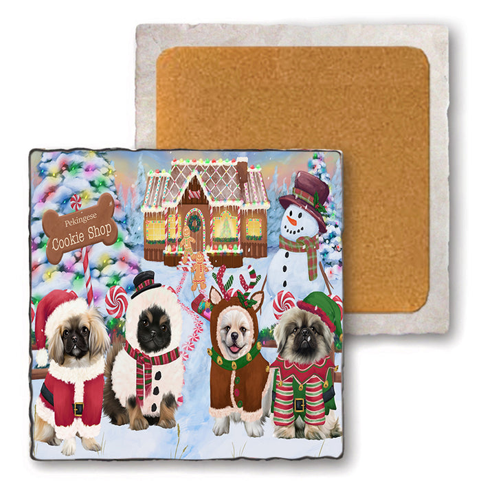 Holiday Gingerbread Cookie Shop Pekingeses Dog Set of 4 Natural Stone Marble Tile Coasters MCST51507