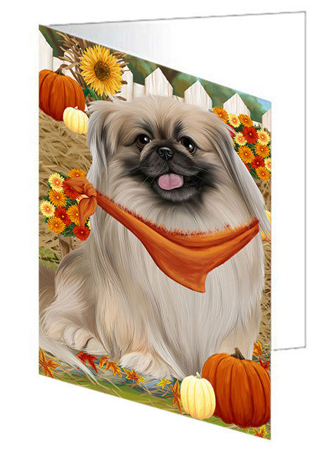 Fall Autumn Greeting Pekingese Dog with Pumpkins Handmade Artwork Assorted Pets Greeting Cards and Note Cards with Envelopes for All Occasions and Holiday Seasons GCD56390