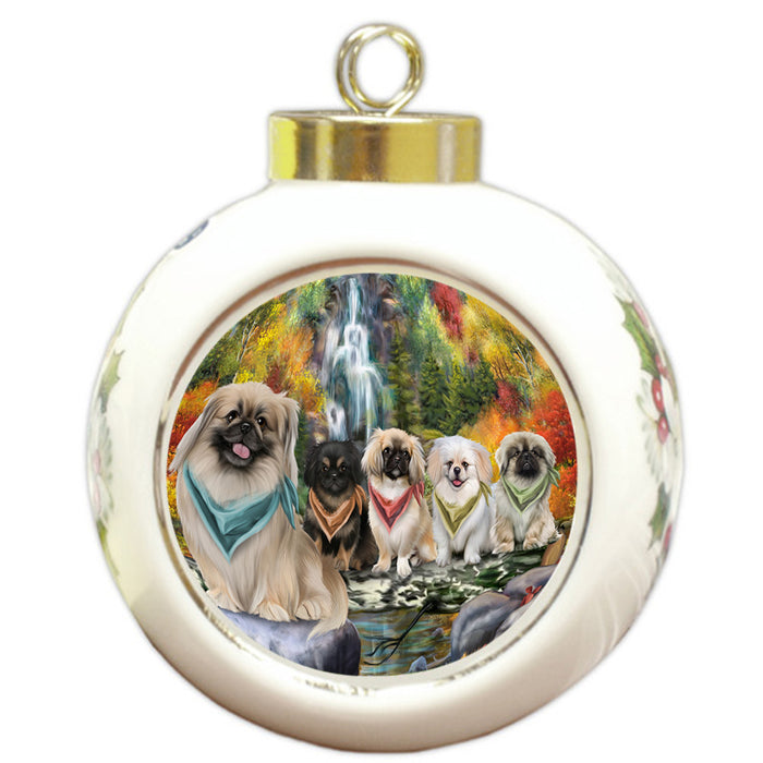 Scenic Waterfall Pekingeses Dog Round Ball Christmas Ornament RBPOR49498