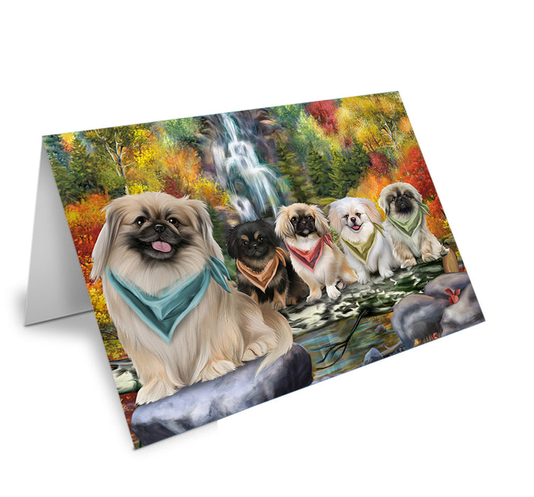 Scenic Waterfall Pekingeses Dog Handmade Artwork Assorted Pets Greeting Cards and Note Cards with Envelopes for All Occasions and Holiday Seasons GCD52421