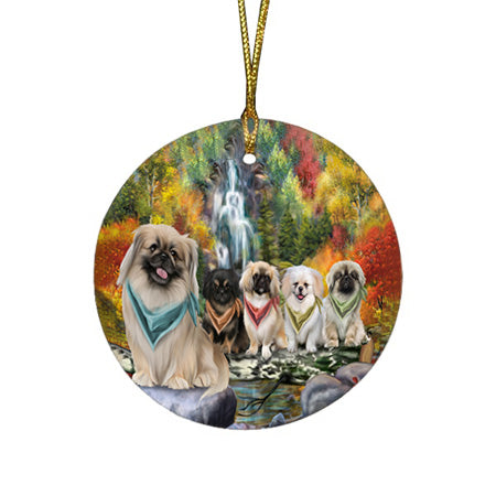 Scenic Waterfall Pekingeses Dog Round Flat Christmas Ornament RFPOR49489