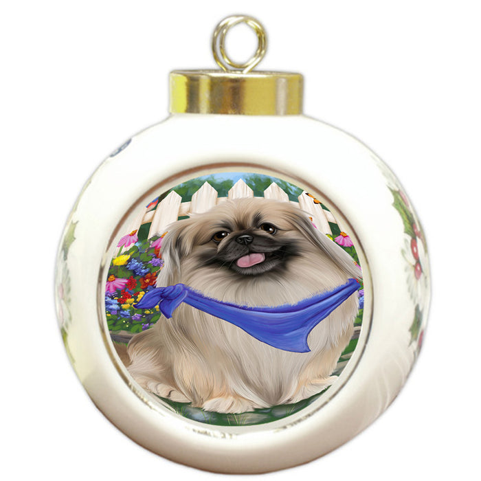 Spring Floral Pekingese Dog Round Ball Christmas Ornament RBPOR49922