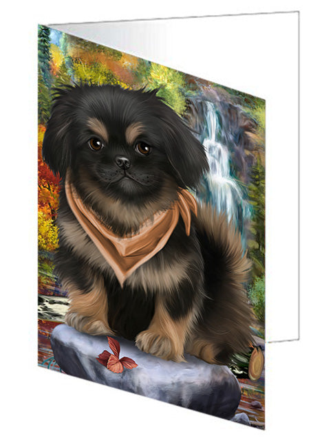 Scenic Waterfall Pekingeses Dog Handmade Artwork Assorted Pets Greeting Cards and Note Cards with Envelopes for All Occasions and Holiday Seasons GCD52424