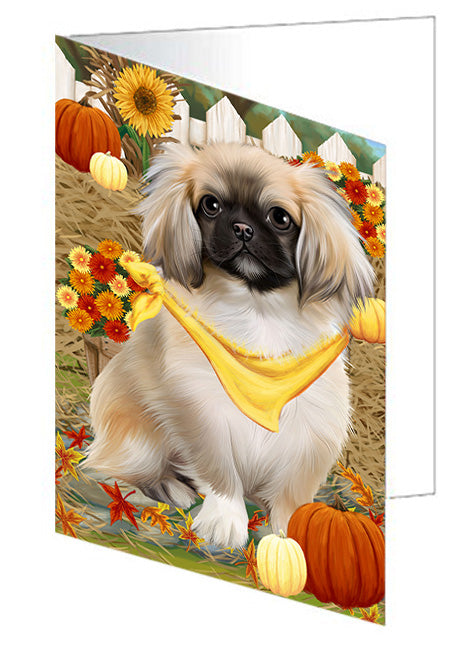 Fall Autumn Greeting Pekingese Dog with Pumpkins Handmade Artwork Assorted Pets Greeting Cards and Note Cards with Envelopes for All Occasions and Holiday Seasons GCD56393