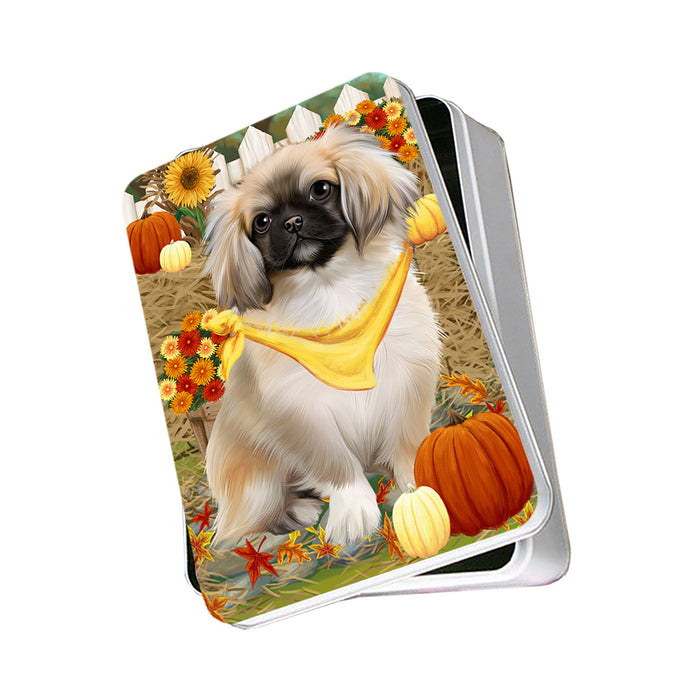 Fall Autumn Greeting Pekingese Dog with Pumpkins Photo Storage Tin PITN50788