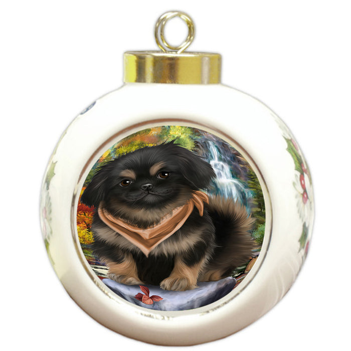 Scenic Waterfall Pekingese Dog Round Ball Christmas Ornament RBPOR49499