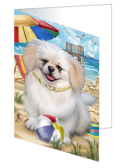Pet Friendly Beach Pekingese Dog Handmade Artwork Assorted Pets Greeting Cards and Note Cards with Envelopes for All Occasions and Holiday Seasons GCD54224