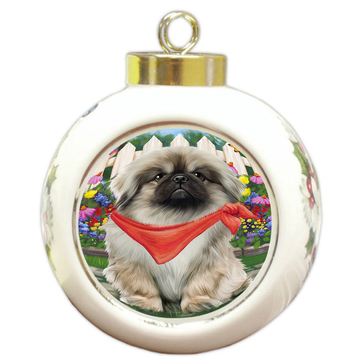 Spring Floral Pekingese Dog Round Ball Christmas Ornament RBPOR49924