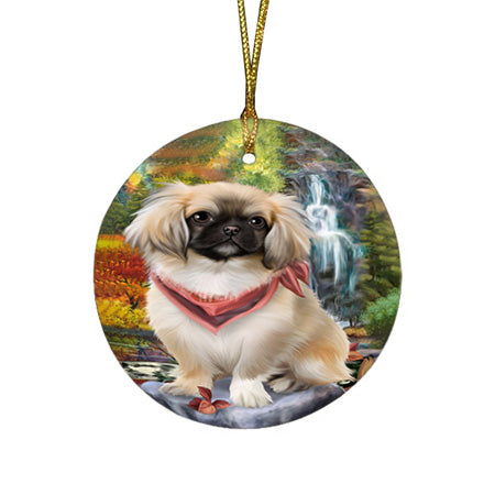 Scenic Waterfall Pekingese Dog Round Flat Christmas Ornament RFPOR49491