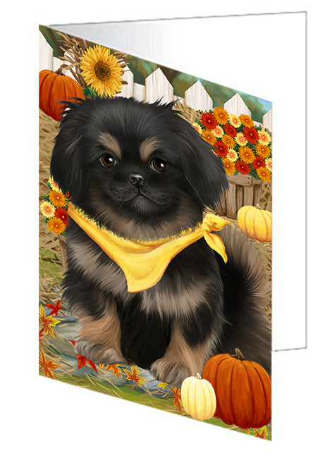 Fall Autumn Greeting Pekingese Dog with Pumpkins Handmade Artwork Assorted Pets Greeting Cards and Note Cards with Envelopes for All Occasions and Holiday Seasons GCD56396
