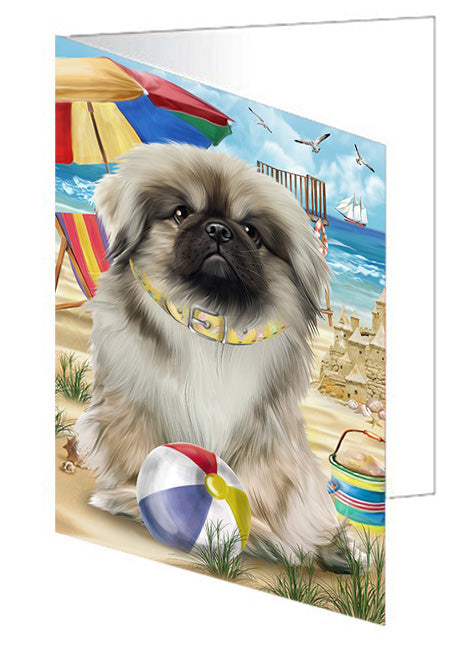 Pet Friendly Beach Pekingese Dog Handmade Artwork Assorted Pets Greeting Cards and Note Cards with Envelopes for All Occasions and Holiday Seasons GCD54227