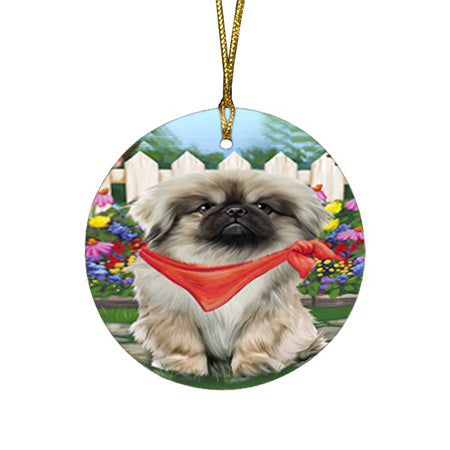 Spring Floral Pekingese Dog Round Flat Christmas Ornament RFPOR49915