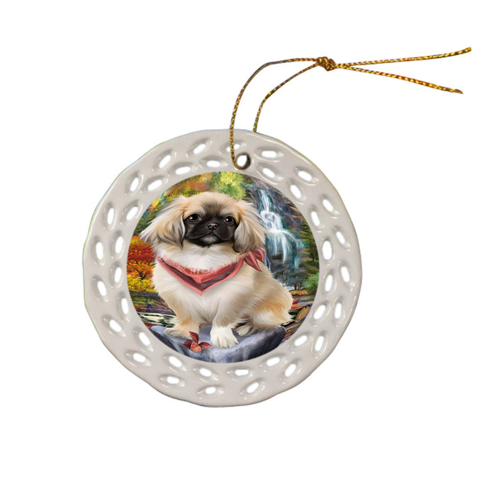 Scenic Waterfall Pekingese Dog Ceramic Doily Ornament DPOR49500