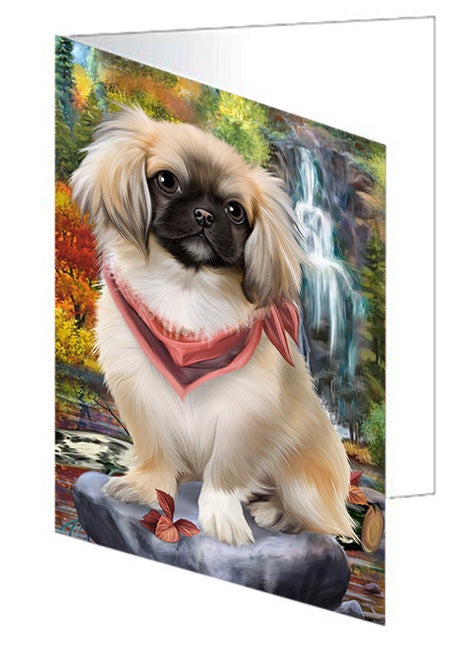 Scenic Waterfall Pekingese Dog Handmade Artwork Assorted Pets Greeting Cards and Note Cards with Envelopes for All Occasions and Holiday Seasons GCD52427