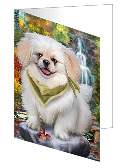 Scenic Waterfall Pekingese Dog Handmade Artwork Assorted Pets Greeting Cards and Note Cards with Envelopes for All Occasions and Holiday Seasons GCD52430