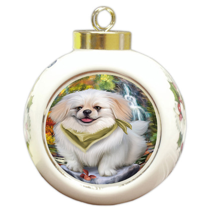 Scenic Waterfall Pekingese Dog Round Ball Christmas Ornament RBPOR49501