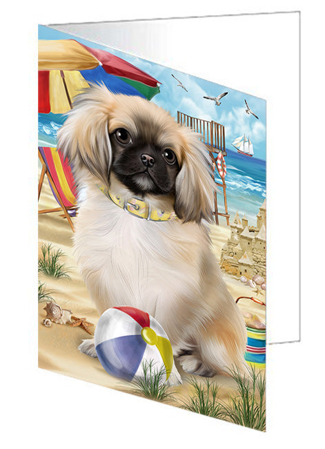 Pet Friendly Beach Pekingese Dog Handmade Artwork Assorted Pets Greeting Cards and Note Cards with Envelopes for All Occasions and Holiday Seasons GCD54230