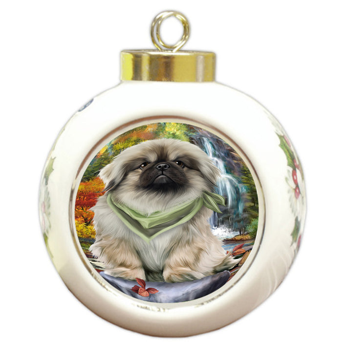 Scenic Waterfall Pekingese Dog Round Ball Christmas Ornament RBPOR49502