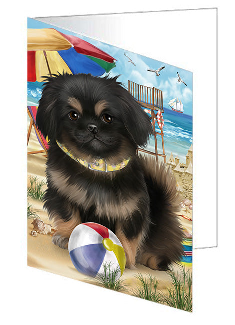 Pet Friendly Beach Pekingese Dog Handmade Artwork Assorted Pets Greeting Cards and Note Cards with Envelopes for All Occasions and Holiday Seasons GCD54233