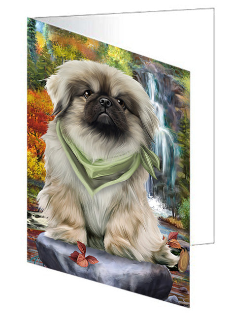 Scenic Waterfall Pekingese Dog Handmade Artwork Assorted Pets Greeting Cards and Note Cards with Envelopes for All Occasions and Holiday Seasons GCD52433