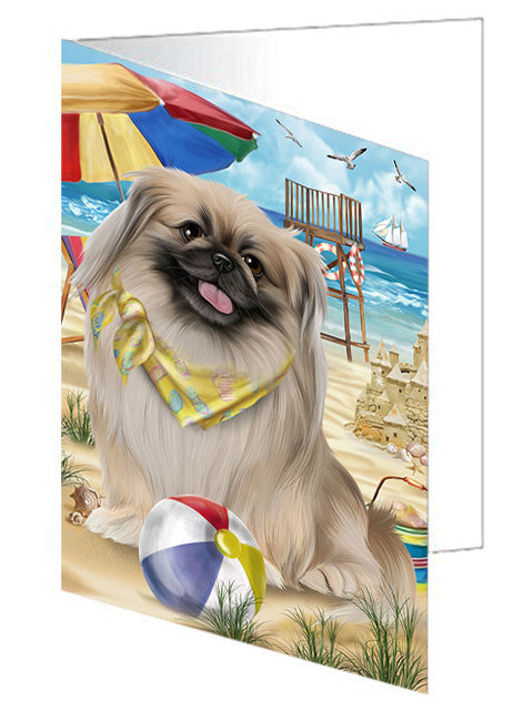 Pet Friendly Beach Pekingese Dog Handmade Artwork Assorted Pets Greeting Cards and Note Cards with Envelopes for All Occasions and Holiday Seasons GCD54236