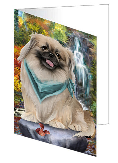 Scenic Waterfall Pekingese Dog Handmade Artwork Assorted Pets Greeting Cards and Note Cards with Envelopes for All Occasions and Holiday Seasons GCD52436