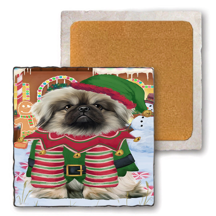 Christmas Gingerbread House Candyfest Pekingese Dog Set of 4 Natural Stone Marble Tile Coasters MCST51466