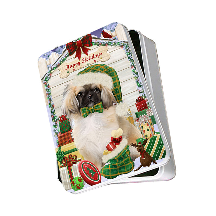 Happy Holidays Christmas Pekingese Dog House With Presents Photo Storage Tin PITN52164