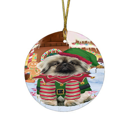 Christmas Gingerbread House Candyfest Pekingese Dog Round Flat Christmas Ornament RFPOR56822