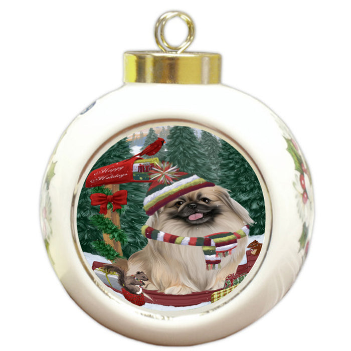 Merry Christmas Woodland Sled Pekingese Dog Round Ball Christmas Ornament RBPOR55337