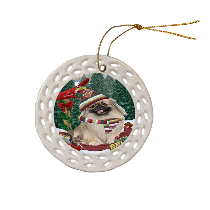 Merry Christmas Woodland Sled Pekingese Dog Ceramic Doily Ornament DPOR55337