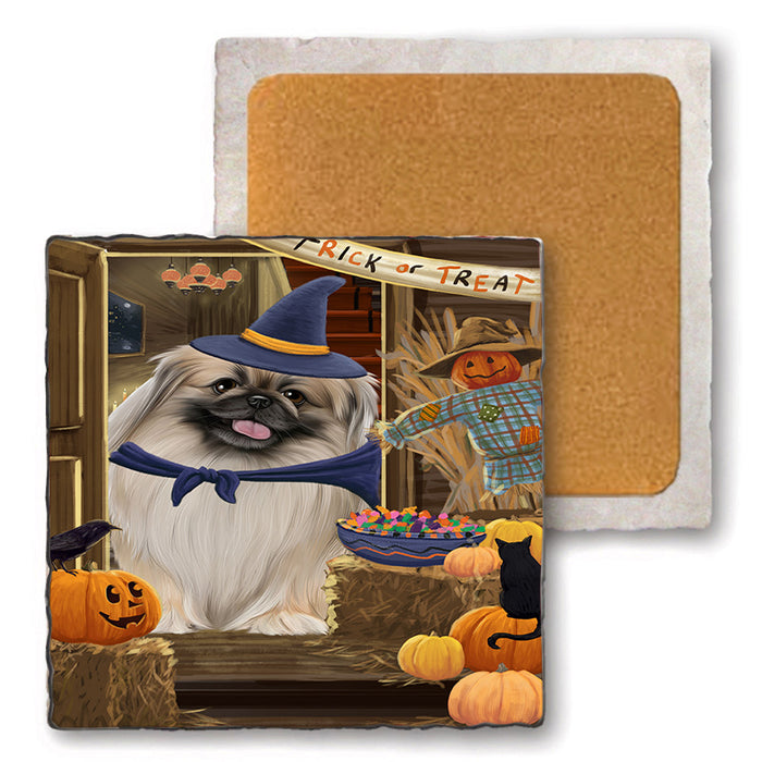 Enter at Own Risk Trick or Treat Halloween Pekingese Dog Set of 4 Natural Stone Marble Tile Coasters MCST48204