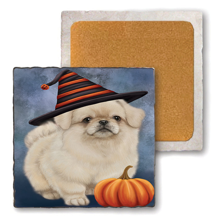 Happy Halloween Pekingese Dog Wearing Witch Hat with Pumpkin Set of 4 Natural Stone Marble Tile Coasters MCST49964