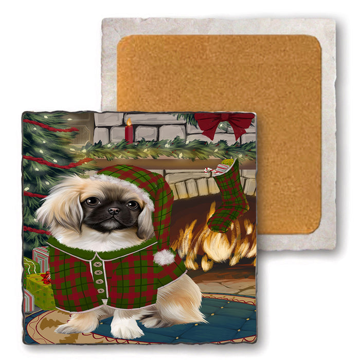 The Stocking was Hung Pekingese Dog Set of 4 Natural Stone Marble Tile Coasters MCST50550