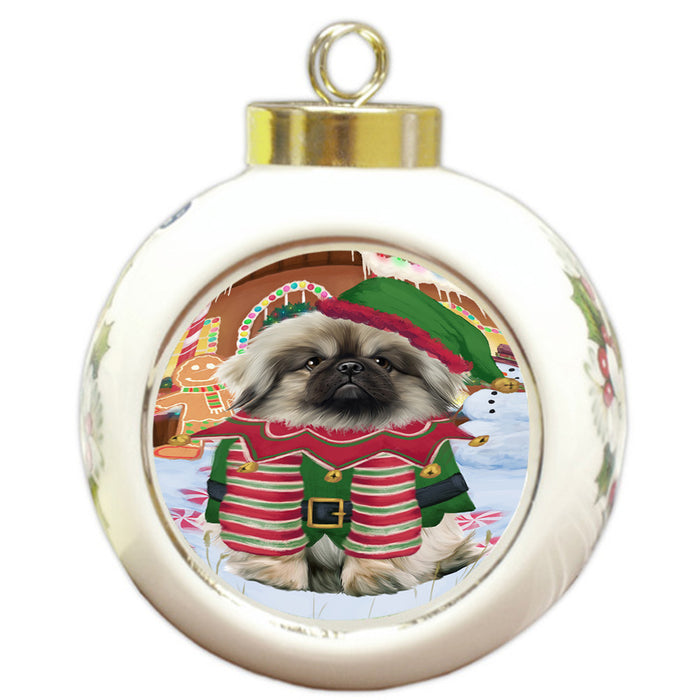 Christmas Gingerbread House Candyfest Pekingese Dog Round Ball Christmas Ornament RBPOR56822