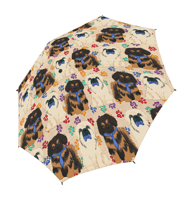 Rainbow Paw Print Pekingese Dogs Blue Semi-Automatic Foldable Umbrella