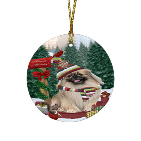 Merry Christmas Woodland Sled Pekingese Dog Round Flat Christmas Ornament RFPOR55337