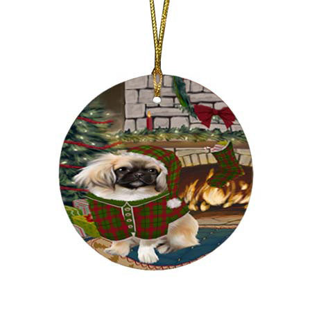 The Stocking was Hung Pekingese Dog Round Flat Christmas Ornament RFPOR55906
