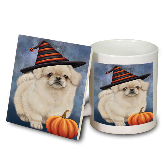 Happy Halloween Pekingese Dog Wearing Witch Hat with Pumpkin Mug and Coaster Set MUC54956