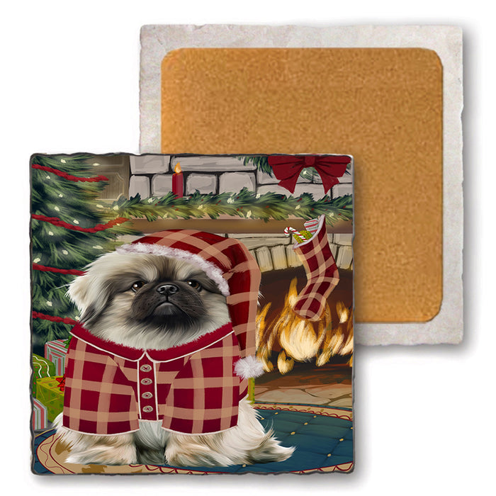 The Stocking was Hung Pekingese Dog Set of 4 Natural Stone Marble Tile Coasters MCST50551
