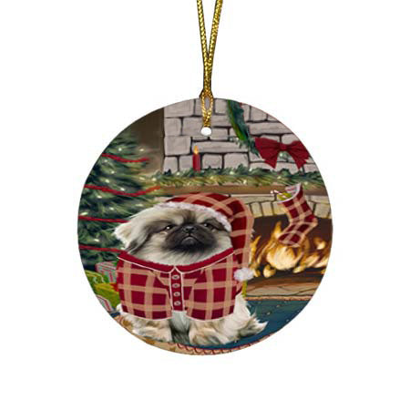 The Stocking was Hung Pekingese Dog Round Flat Christmas Ornament RFPOR55907