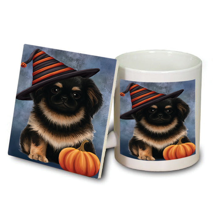 Happy Halloween Pekingese Dog Wearing Witch Hat with Pumpkin Mug and Coaster Set MUC54957